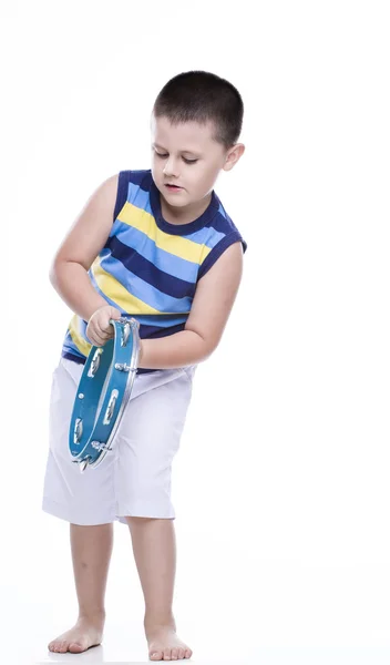 Menino feliz em camisa colorida com pandeiro — Fotografia de Stock