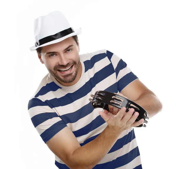 Happy man in colorful shirt with tambourine — Stock Photo, Image