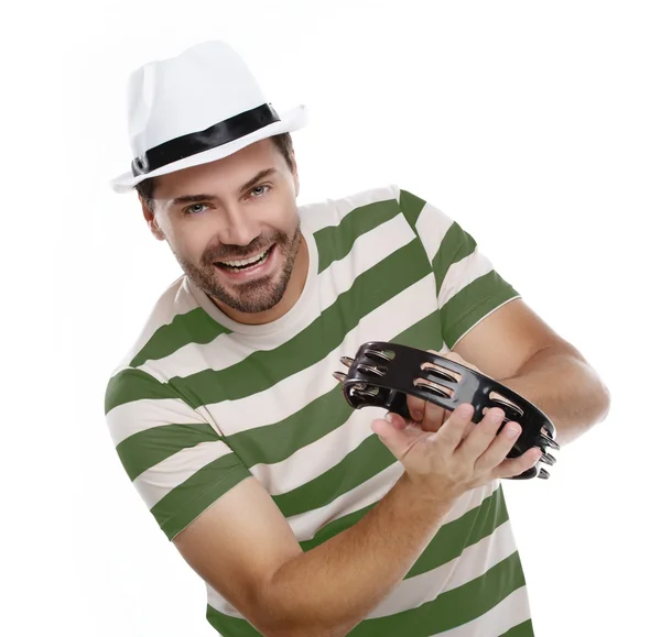 Homem feliz em camisa colorida com pandeiro — Fotografia de Stock