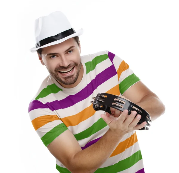 Hombre feliz en camisa colorida con pandereta — Foto de Stock