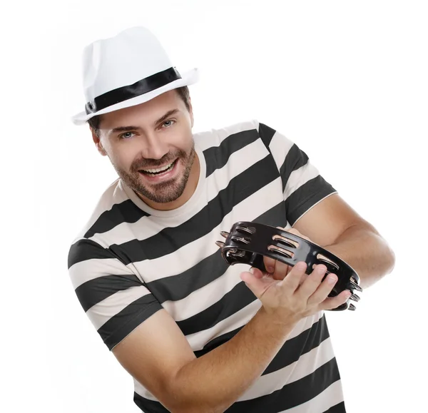 Hombre feliz en camisa colorida con pandereta — Foto de Stock