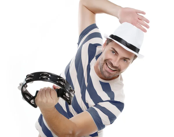 Happy man in colorful shirt with tambourine — Stock Photo, Image