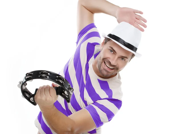 Gelukkig man in kleurrijke shirt met tamboerijn — Stockfoto