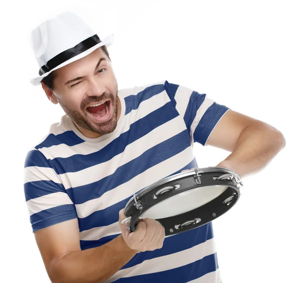 Hombre feliz en camisa colorida con pandereta —  Fotos de Stock