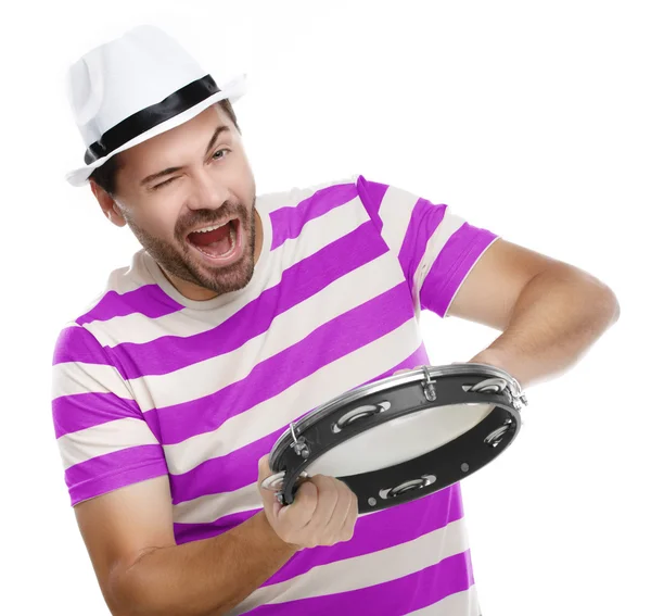 Happy man in colorful shirt with tambourine — Stock Photo, Image