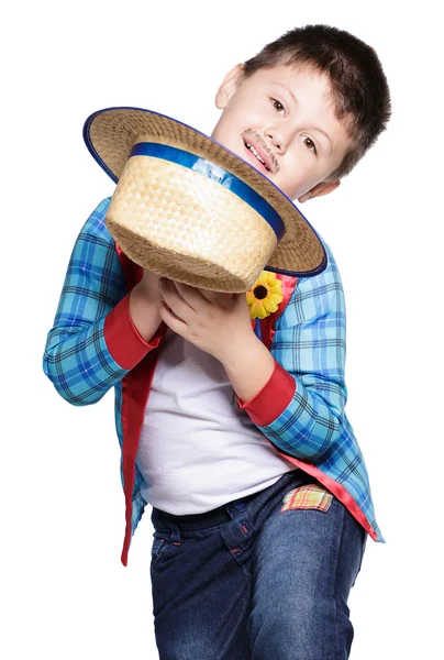Boy  holding  straw hat posing — Stock Photo, Image