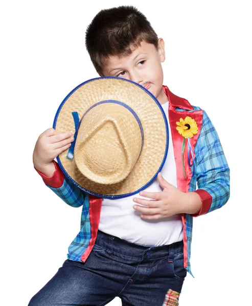 Boy  holding  straw hat posing — Stock Photo, Image