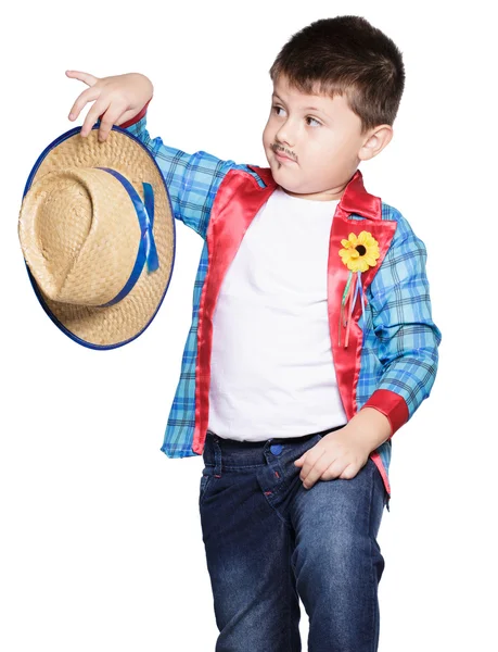 Boy  holding  straw hat posing — Stock Photo, Image