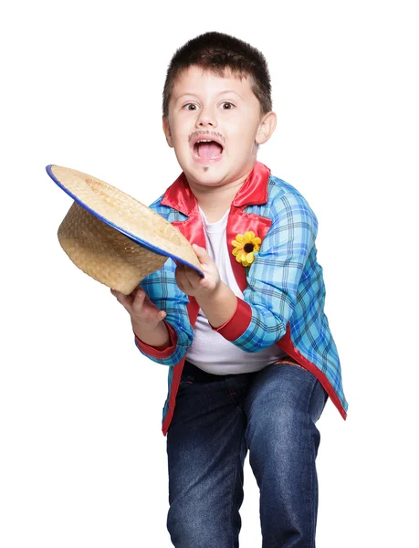 Ragazzo tenendo cappello di paglia posa — Foto Stock