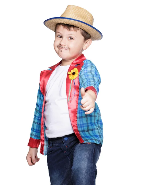 Αγόρι φορώντας ποζάρουν ψάθινο καπέλο — Φωτογραφία Αρχείου