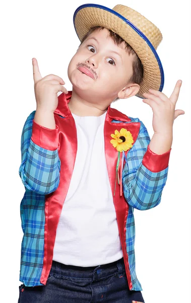 Boy  wearing straw hat pointing with fingers — Stock Photo, Image