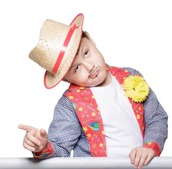 Niño con sombrero de paja señalando con el dedo —  Fotos de Stock