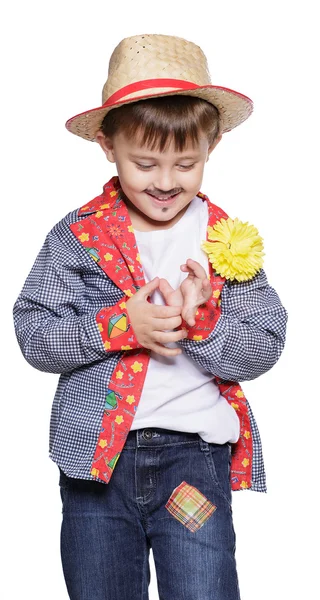 Menino vestindo chapéu de palha posando — Fotografia de Stock