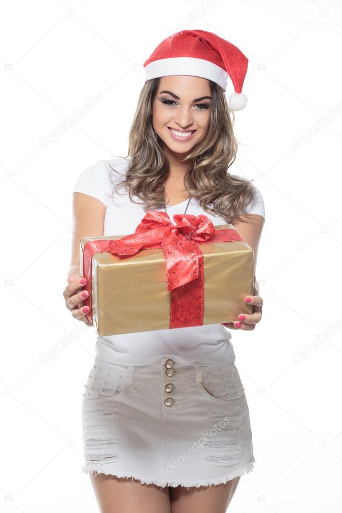 Young celebrating woman with present