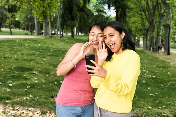 Młoda latynoska kobieta w rozmowie wideo ze smartfonem z przyjaciółmi powoduje dystans społeczny. Konferencja w Boliwii w Ameryce Południowej z wykorzystaniem technologii. — Zdjęcie stockowe