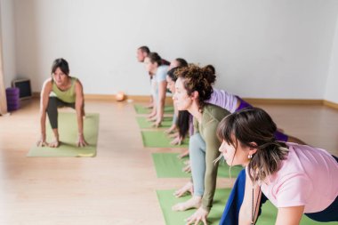 Çeşitli insanlar yoga vinyasa kursuna enerji katıyor. Parlak bir fitness stüdyosunda denge ve sağIık arıyorlar.