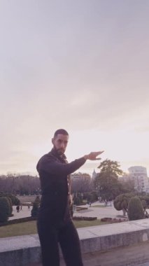 Tutkulu İspanyol erkek dansçı güzel bir günbatımında Madrid, İspanya 'daki Emeklilik Parkı' nda geleneksel flamenko dansı yapıyor.