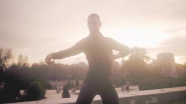 Zarif erkek dansçı geleneksel İspanyol flamenkosu yapıyor anlamlı hareketlerle. Sanatçıların silueti, güneşin sıcacık batışıyla aydınlatılır.