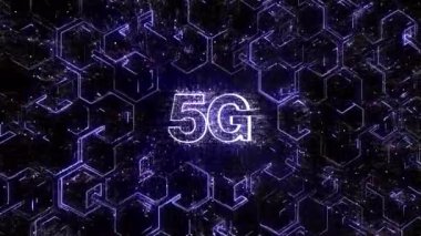 4k 5G kelime, hücresel sinyal bağlantısı engelleyici matris ikili kod metni.