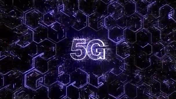 4k 5G woord, cellulaire mobiele signaal link blockchain matrix binaire code tekst. — Stockvideo