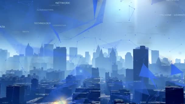 4k artificiell intelligens ord tag moln, urban med abstrakta tech linjer noder. — Stockvideo