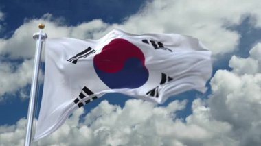 Kore Cumhuriyeti 'nin 4k döngü bayrağı rüzgarda sallanıyor, zaman kavramlı bulutlar yuvarlanıyor