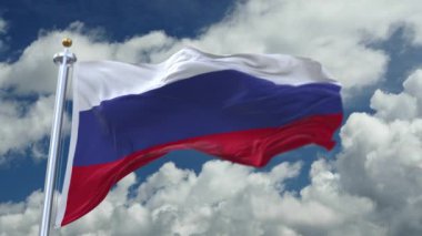 Rusya 'nın 4k döngü bayrağı rüzgarda dalgalanıyor, zaman ayarlı yuvarlanan bulutlar arka planda.