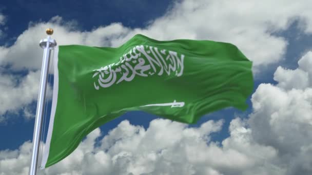 Suudi Arabistan 'ın 4k döngü bayrağı rüzgarda sallanıyor, zaman geçiyor bulutlar geri çekiliyor — Stok video