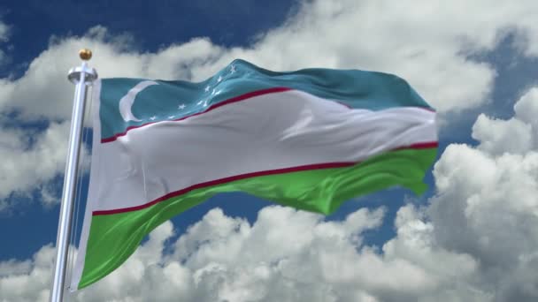 우즈베키스탄 국기바람에 흔들리고 있는 4k 의 우즈베키스탄 국기, 구름 이 거꾸로 휘날리고 있다 — 비디오