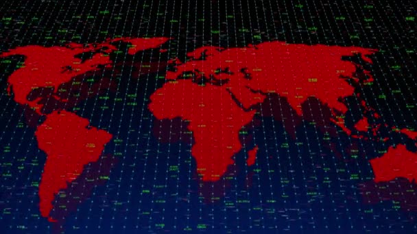 Parede digital dos dados do negócio 4k com mapa do mundo, figuras financeiras, economia global. — Vídeo de Stock