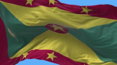 4k Grenada Ulusal bayrak kırışıklıkları mavi gökyüzü arka planında pürüzsüz rüzgar döngüsü.