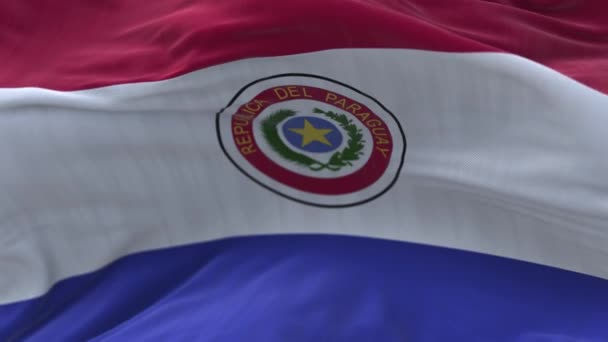 4k Paraguay Ulusal bayrak kırışıklıkları mavi gökyüzü arka planında pürüzsüz rüzgar döngüsü. — Stok video