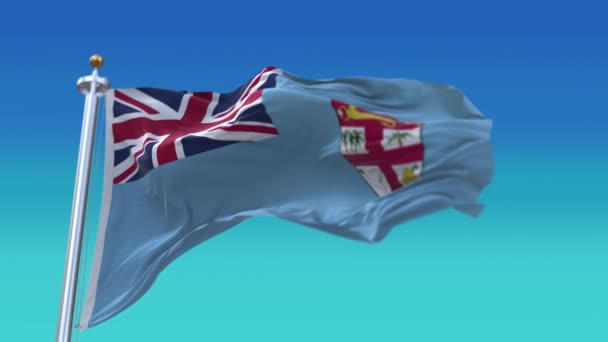 4k Φίτζι Εθνική σημαία ρυτίδες βρόχο απρόσκοπτη αέρα σε μπλε φόντο του ουρανού. — Αρχείο Βίντεο