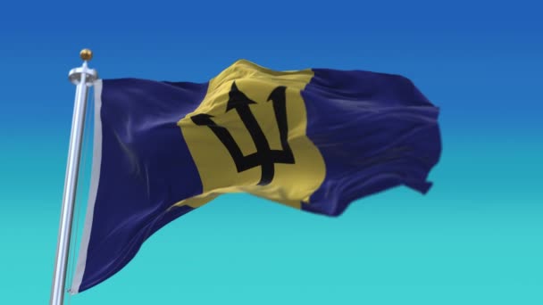 4k Barbados Nationale vlag rimpels lus naadloze wind in blauwe lucht achtergrond. — Stockvideo