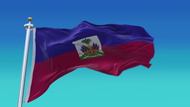 4k Гаити Государственный флаг морщины петли бесшовный ветер в голубом фоне неба. — стоковое видео