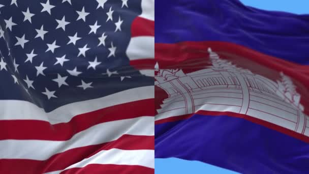 4k Соединенные Штаты Америки США и Камбоджа Национальный флаг волны ветер фон — стоковое видео