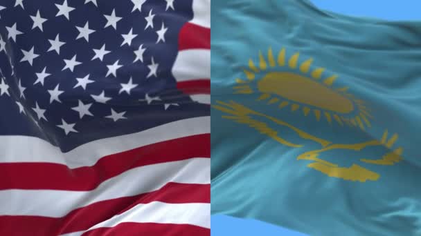 4k United States of America USA and Kazakhstan National flag wind background. — Stock Video