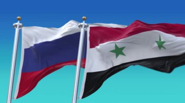 4k Rusya ve Suriye Ulusal bayrağı pürüzsüz döngü arka planı, rüzgâr kırışıklıkları.