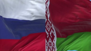 4k Rusya ve Belarus Ulusal bayrağı pürüzsüz döngü arka plan, rüzgar kırışıklıkları
