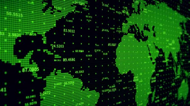 Mur de données numériques d'affaires 4k avec carte du monde, Chiffres financiers, Économie mondiale. — Video