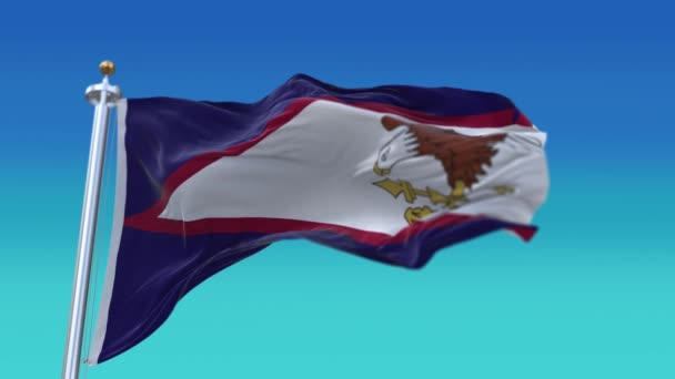 4k Samoa Americana Bandera Nacional arrugas viento sin costuras en el fondo del cielo azul. — Vídeo de stock