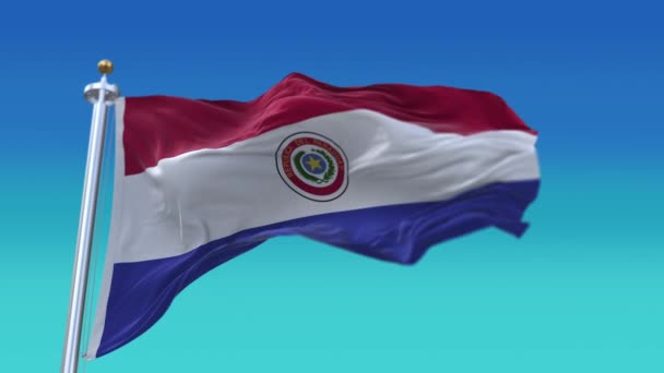 4k Paraguay Nationalflagge Falten Schleife nahtloser Wind in blauem Himmel Hintergrund. — Stockvideo