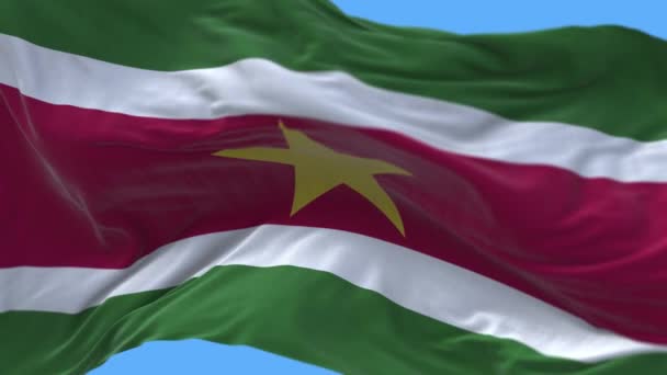 4k Suriname National flag wrinkles loop seamless wind in blue sky background. — Stock Video