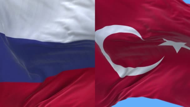 4k Ryssland och Turkiet National flagga sömlös loop bakgrund, Vind blåsa rynkor. — Stockvideo