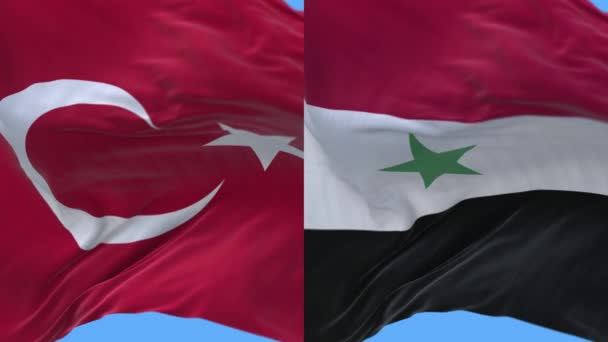 4k Turkiet och Syrien National flagga sömlös loop bakgrund, Vind blåsa rynkor. — Stockvideo