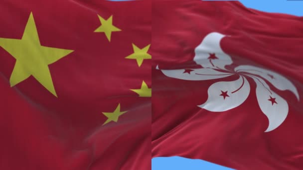 4k China y Hong Kong bandera nacional sin costuras bucle de fondo, viento soplo arruga — Vídeo de stock