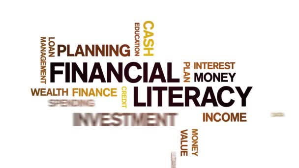 4k Financial Literacy Animado Tag Word Cloud, Animação de texto loop sem costura. — Vídeo de Stock