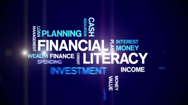 4k Financial Literacy Animated Tag Word Cloud, Κείμενο Animation αδιάλειπτη βρόχο. — Αρχείο Βίντεο