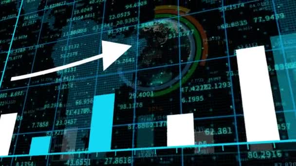 4k HUD Graph mit aufsteigenden Pfeil- und Balkenstatistiken, digitaler Datenwand, Weltwirtschaft — Stockvideo