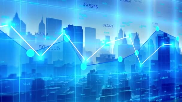 Gráfico financeiro 4K, gráfico de hud de tendência de dados, cidade de tecnologia, Tableau of Market Values. — Vídeo de Stock